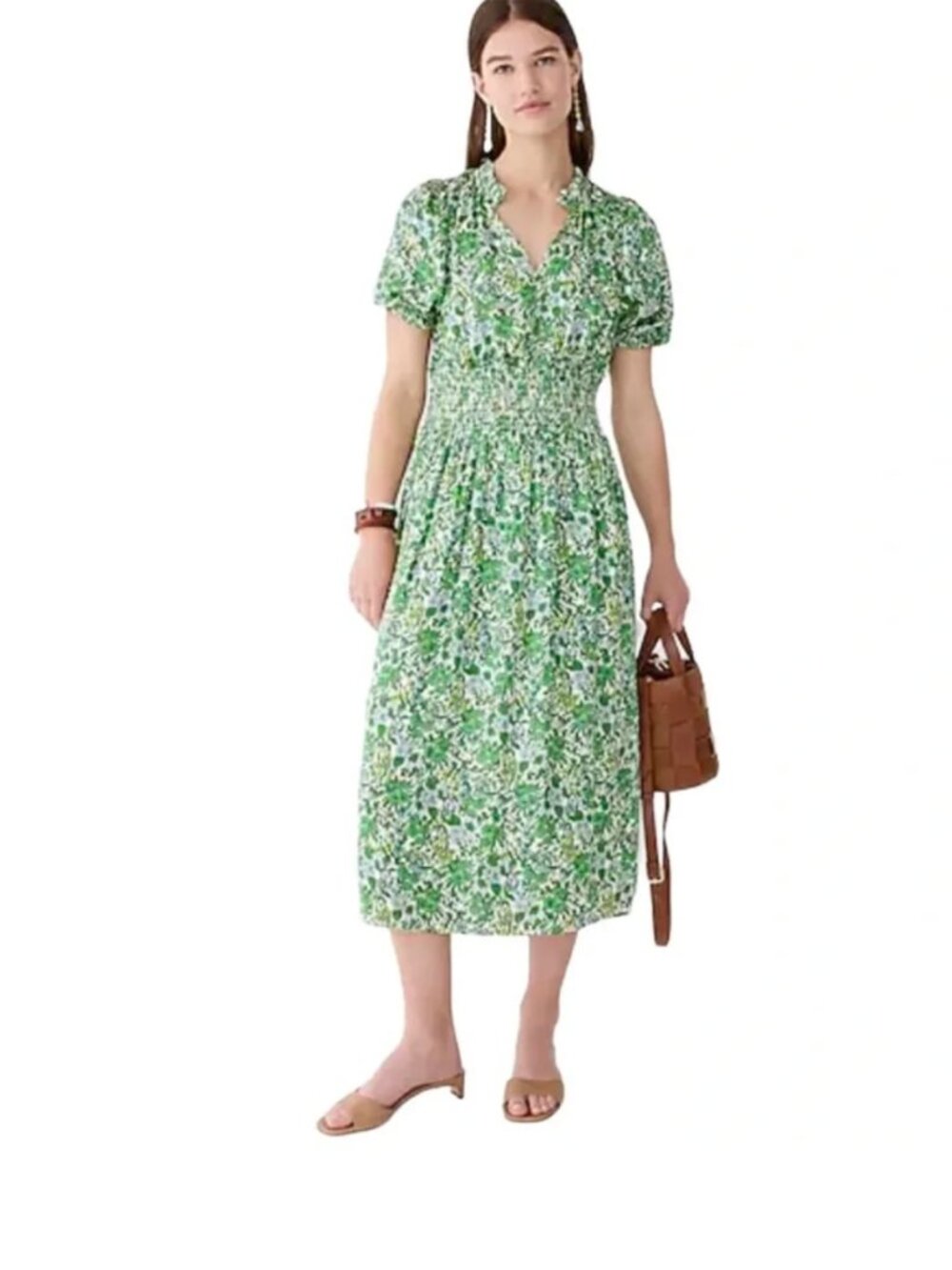 J Crew Smocked Waist Puff Sleeve Green Floral Satin Midi Dress Women's size XXL